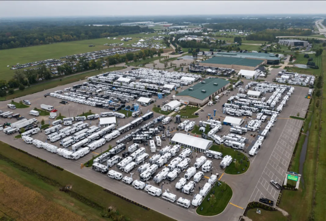 Aerial view of a large trade show and outdoor expo on the venue campus